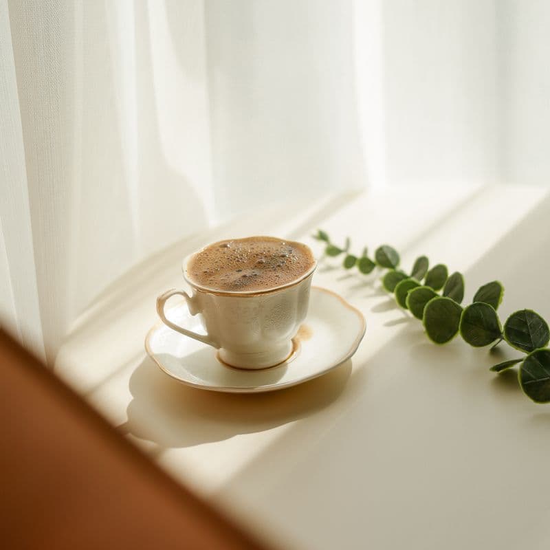 Taza de café tranquila junto a la ventana